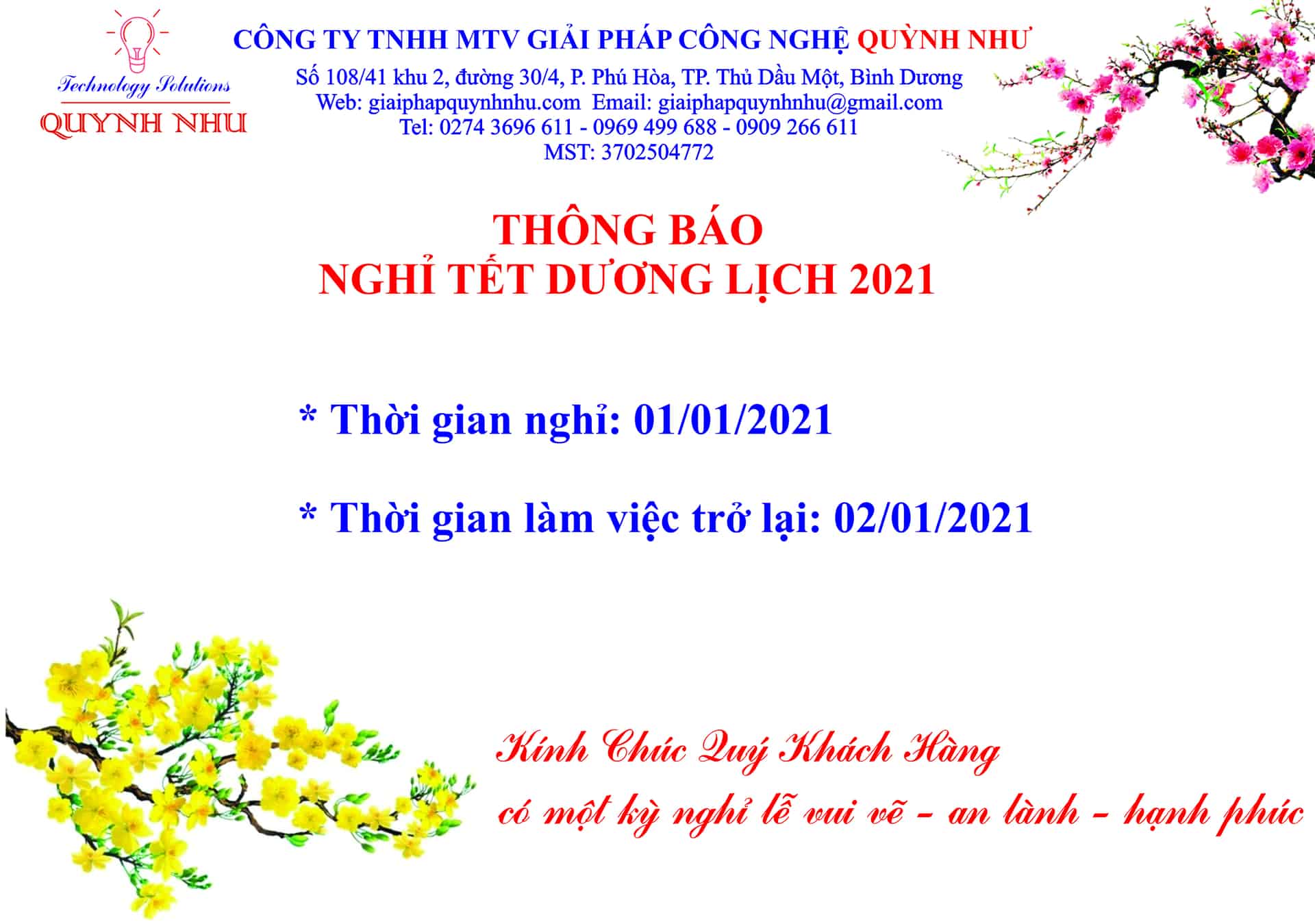 Thông báo lịch nghỉ Tết Dương Lịch 2021.