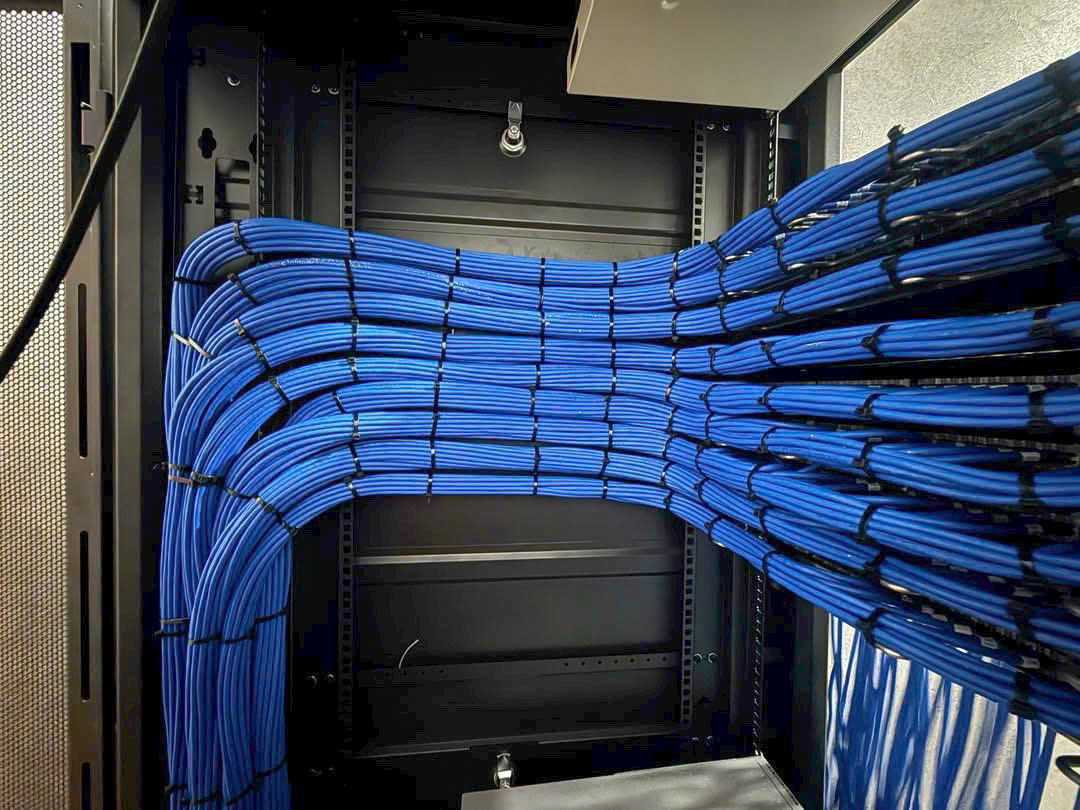 Cận cảnh bó cáp mạng đi dây gọn gàng trong tủ rack.