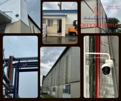 Tổng hợp camera ngoài trời lắp trên tường và cột ống, toàn cảnh khuôn viên nhà máy.